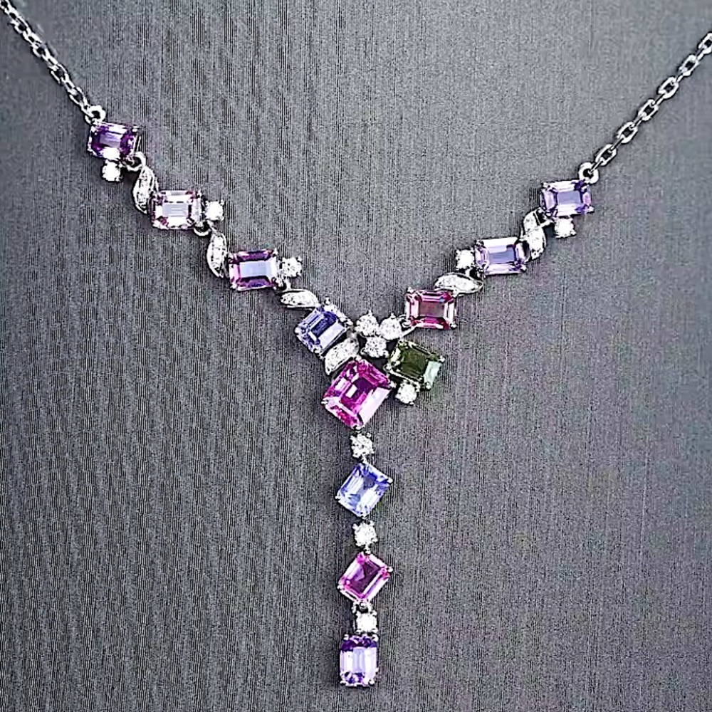 Geometric Cubic Zircon Pink Purple Inlay Stone Necklace